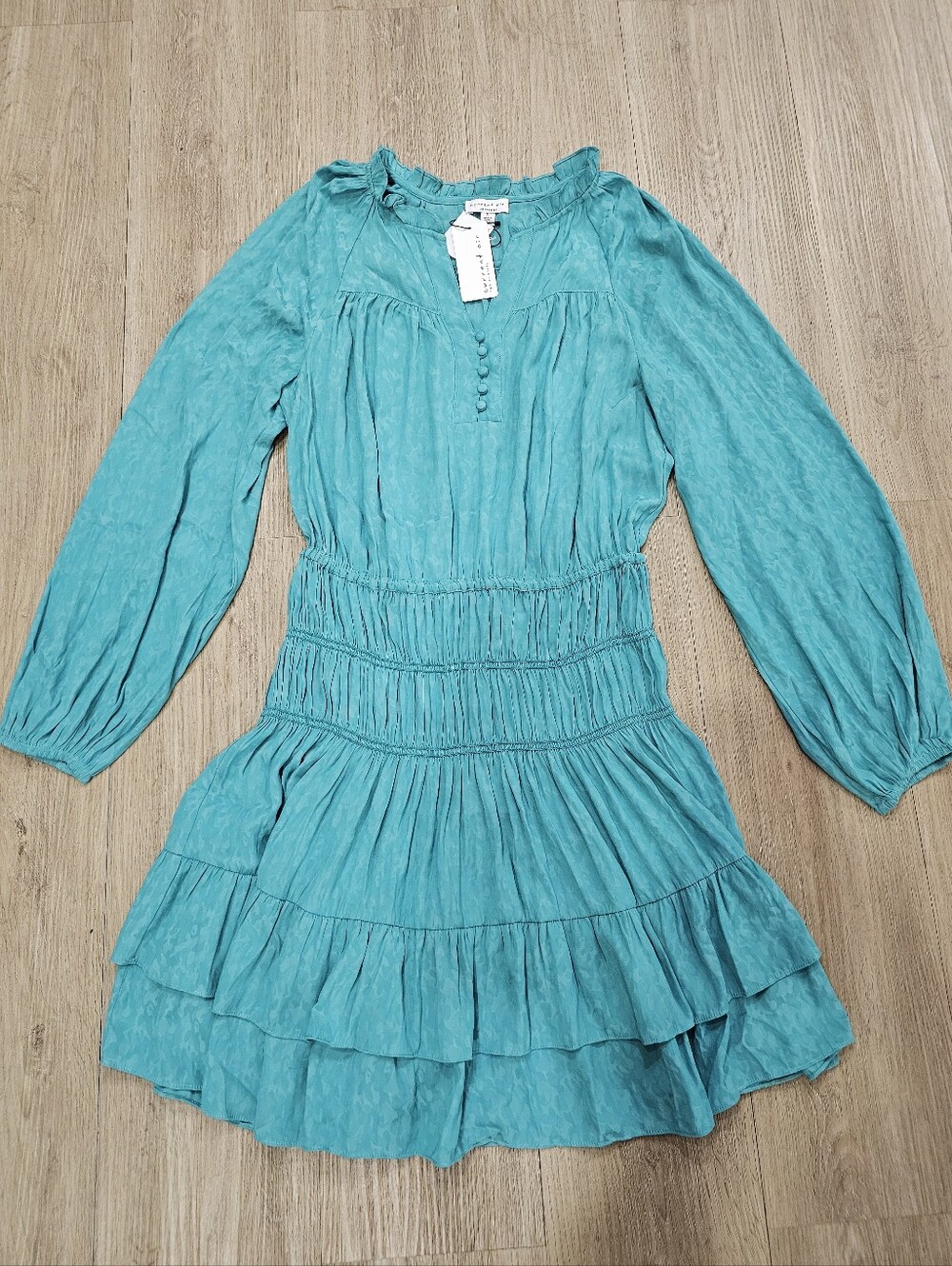 Current Air Teal Blue Jacquard Smocked Waist Tiered Mini Dress NWT